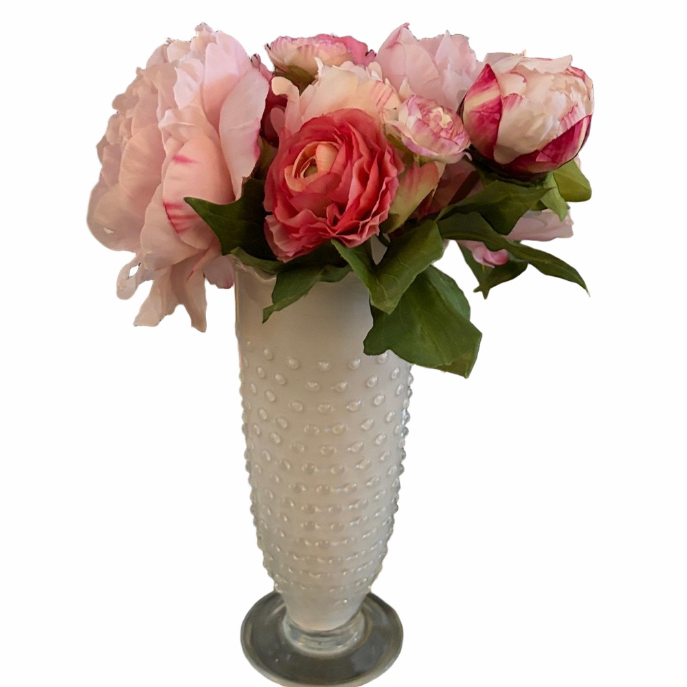 Shabby chic Vintage Glass hobnail vase ruffled edge WITH pink peony arrangement. - Picture 4 of 4